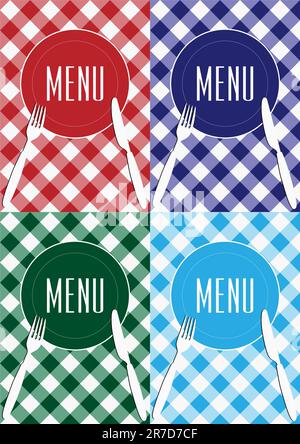 Menu Card Background - Cutlery and Gingham Texture in Four Colors Stock Vector