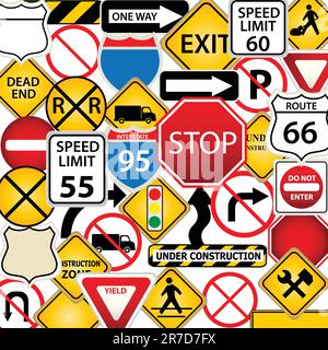 Collage of road and traffic signs Stock Vector