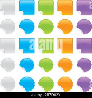 Set of shiny peeling stickers in various colors and shapes. Stock Vector