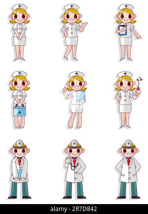 cartoon doctor and nurse icons Stock Vector