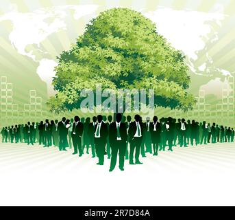 Businesspeople are standing under a big green tree in front of large world map Stock Vector