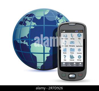Mobile phone with globe on a white background. International calls concept Stock Vector