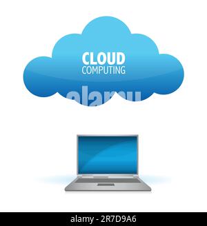 laptop with a world map connected to the blue cloud Stock Vector