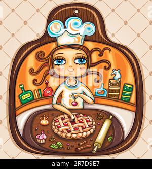 Colorful Illustration in the shape of cutting board. Cute girl cooking cherry pie and placing cherry on top. The comfortable kitchen with cabinets,... Stock Vector