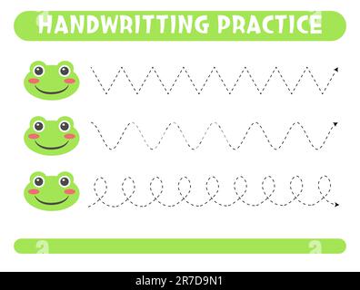 Tracing lines with cute frog. Handwriting practice.  Stock Vector