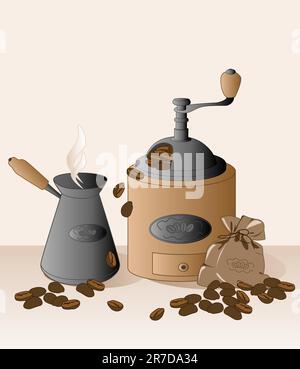 coffee grinder, cezve, coffee beans and bag Stock Vector