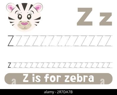 Tracing alphabet letter Z with cute zebra. Worksheet for children. Stock Vector