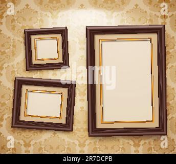 Wooden frames on the wall. Vintage background Stock Vector