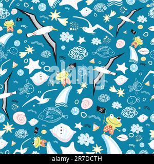 seamless pattern from the sea of cheerful frogs and sea gulls on a dark blue background Stock Vector