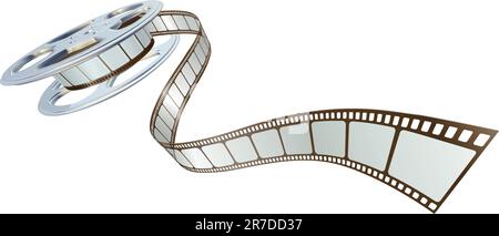Movie film spooling out of film reel. Symbol for cinema Stock