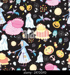 seamless pattern of the fun of monsters and skulls on a black background Stock Vector