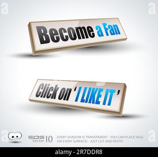 'Become a Fan' social themed  3D Panels with delicate Shadows and glossy reflection. Ready to copy and past on every surface. Stock Vector