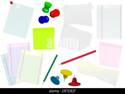 Set of Office Stationary - Papers, Memo Notes, Pencils and Thumbtacks Stock Vector