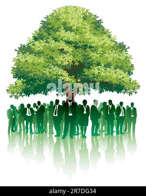 Businesspeople are standing under a big green tree. Stock Vector