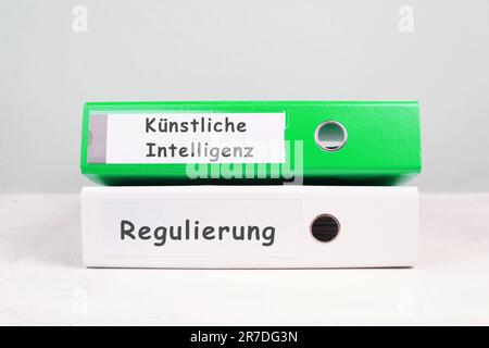 Folders with the words artificial intelligence and regulation, german language, AI technology in competition with human resource, manpower Stock Photo
