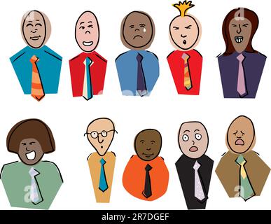 Ten diverse cartoons of male and female business people making faces Stock Vector