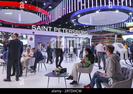 Saint Petersburg, Russia. 14th June, 2023. This photo shows the booth of St. Petersburg at the 26th St. Petersburg International Economic Forum (SPIEF) in St. Petersburg, Russia, June 14, 2023. The 26th SPIEF began on Wednesday at the Expoforum exhibition center in Russia's second-largest city St. Petersburg. Credit: Irina Motina/Xinhua/Alamy Live News Stock Photo