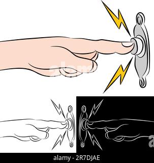 An image of a hand pressing a doorbell. Stock Vector