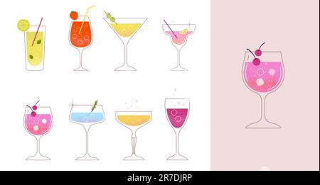 Modern flat summer cocktails collection. Colorful background with cocktail glasses. Celebration poster concept and web banner. Stock Vector