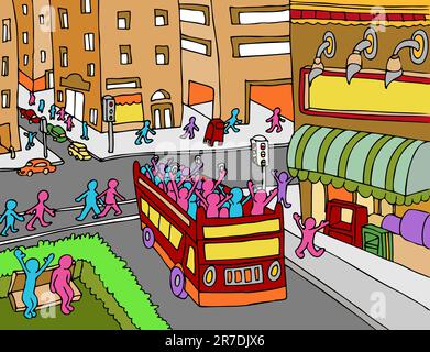 An image of a people riding on a tour bus in the city. Stock Vector