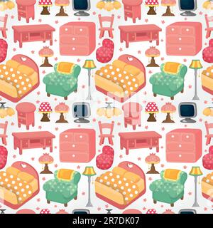 cartoon pink furniture seamless pattern Stock Vector