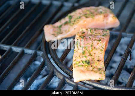 grilled salmon on the grill Stock Photo