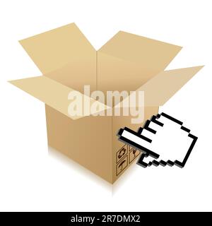 Hand Cursor and shipping box illustration over white Stock Vector