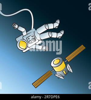 Cartoon astronaut on a space walk with a satellite in the background. Stock Vector