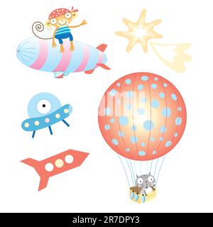 funny aircraft with a monkey on a white background Stock Vector