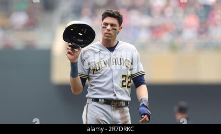 Milwaukee, WI, USA. 5th July, 2022. Milwaukee Brewers left fielder  Christian Yelich #22 stands on third base during MLB game between the  Chicago Cubs and the Milwaukee Brewers at American Family Field