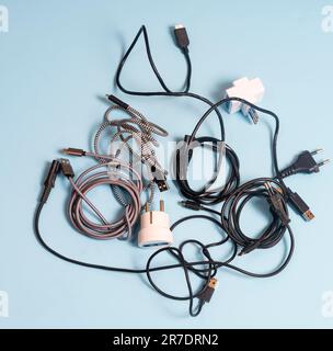 a tangle of old electrical cables Stock Photo