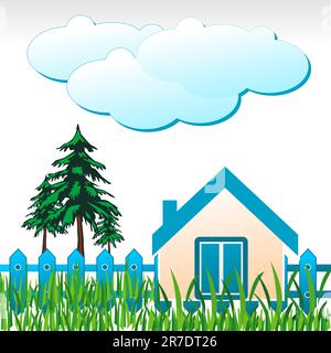 illustration of natural home with tree and cloud Stock Vector