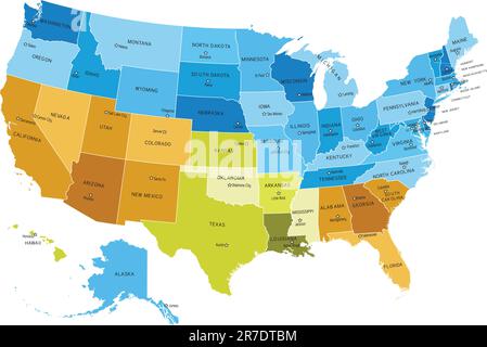 USA states map with names of cities. Eps file contains separate layers with state and sities name, boundaries and layer with counties.   Map source... Stock Vector