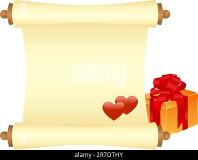 Yellow scroll with gift and two hearts. Isolated on a white. Vector illustrated. Stock Vector