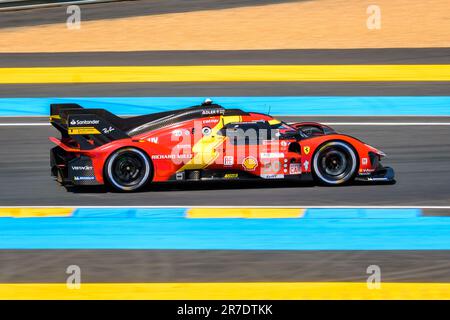 The Ferrari 499P Hypercar race car No. 50, from the AF Corse team, on the Circuit de la Sarthe race track during the 24 hours of Le Mans. Stock Photo