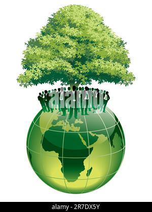 Businesspeople are standing on a large world globe, under a big green tree Stock Vector