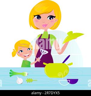 Mother and daughter cooking. Vector Illustration isolated on white. Stock Vector