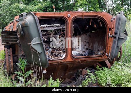 Vuhledar, Ukraine. 01st June, 2023. A Russian armored personnel carrier was destroyed by a mine. Soldiers with a special operations group show the civilian and military consequences of the tank battle of Vuhledar, Donetsk Oblast, Ukraine, while an artillery engagement is ongoing, in Vuhledar, Ukraine, on June 1, 2023. (Photo by John Rudoff/Sipa USA) Credit: Sipa USA/Alamy Live News Stock Photo