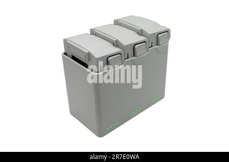 Intelligent drone battery charging station isolated on white background. Rechargeable battery for drone. Stock Photo