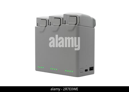 Intelligent drone battery charging station isolated on white background. Rechargeable battery for drone. Stock Photo