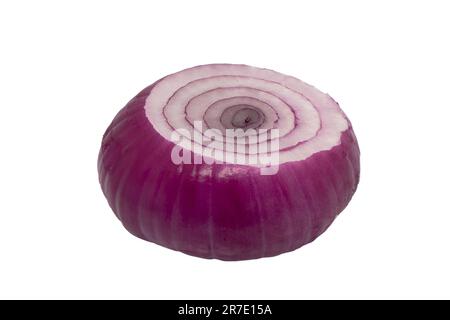 Slices Isolated onion. One red whole onion isolated on white background with clipping path and copy space. Red Onion slices bulbs isolated on white. Stock Photo