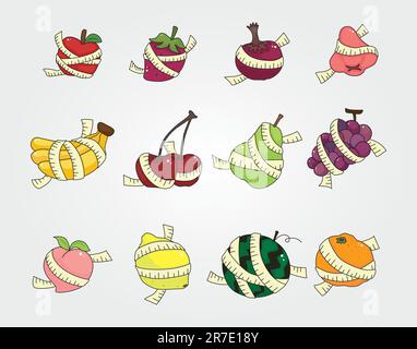 set of fresh fruit and ruler health icon Stock Vector