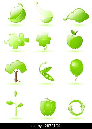 Collection of glossy green icons with drop shadow Stock Vector