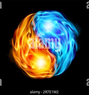Symbol of yin and yang of the black background in the form of red and blue fire Stock Vector