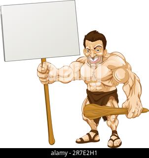 A cartoon illustration of a muscular caveman holding a sign Stock Vector