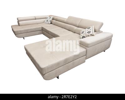Front view of leather sofa isolated on white background. Modern furniture. Sofa isolated. Stock Photo