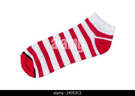 Socks with different lines isolated on white background. Colorful socks son white background. Colored socks on the leg isolated on white background Stock Photo