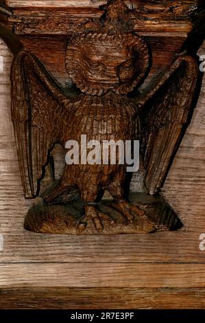 Bird with human face and angel-like wings, carved as a wooden misericord in the late 1400s, beneath a tipping choir stall seat in the Oude Kerk or Old Church in Amsterdam, Netherlands, Stock Photo