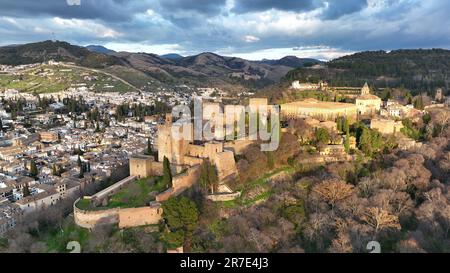 Aerial footage of the Alhambra palace and fortress in Granada Stock Photo