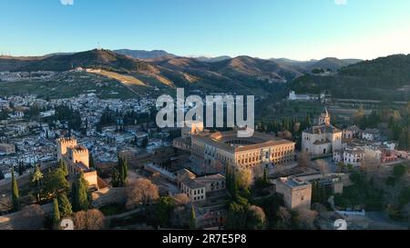 Aerial footage of the Alhambra palace and fortress in Granada Stock Photo